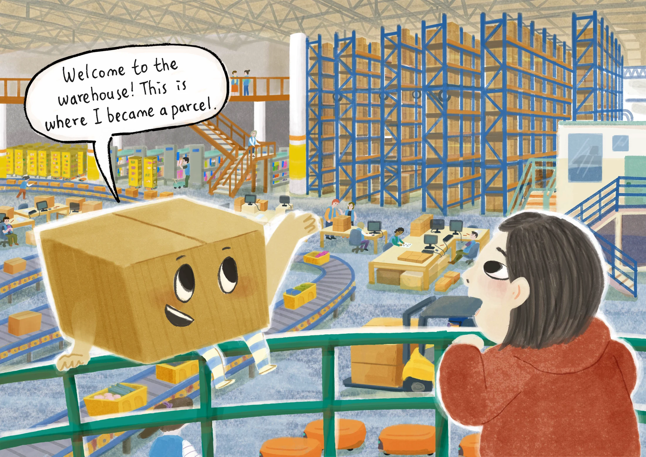 Jiajia meets Eva inside a busy warehouse