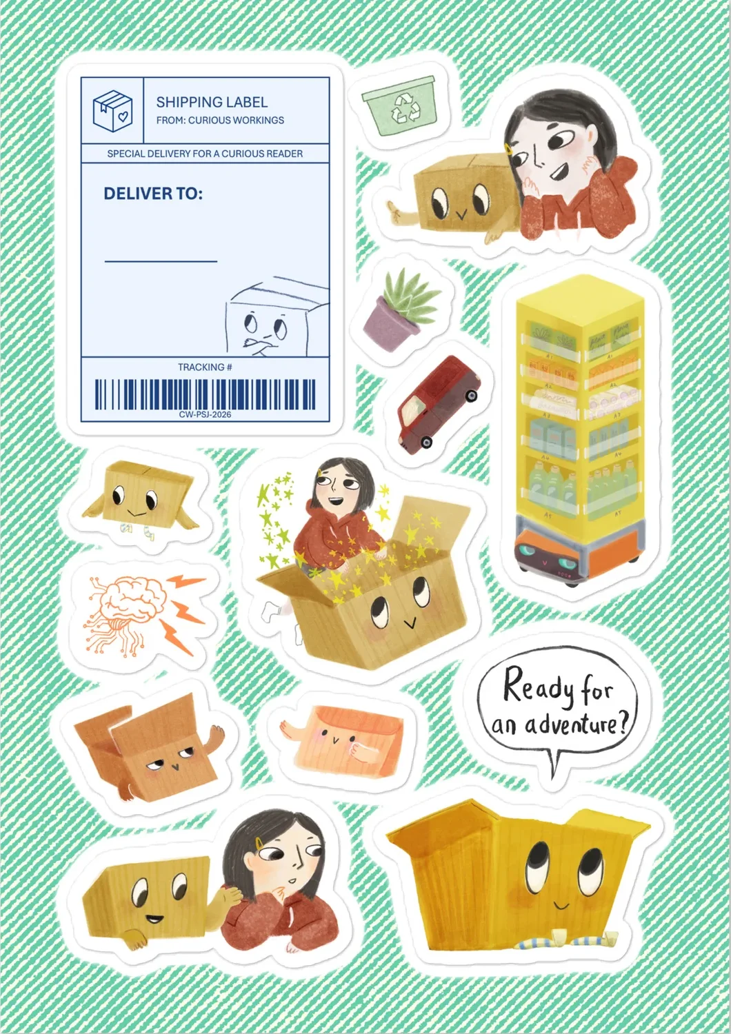 The Parcel’s Secret Journey sticker sheet on a clean white background
